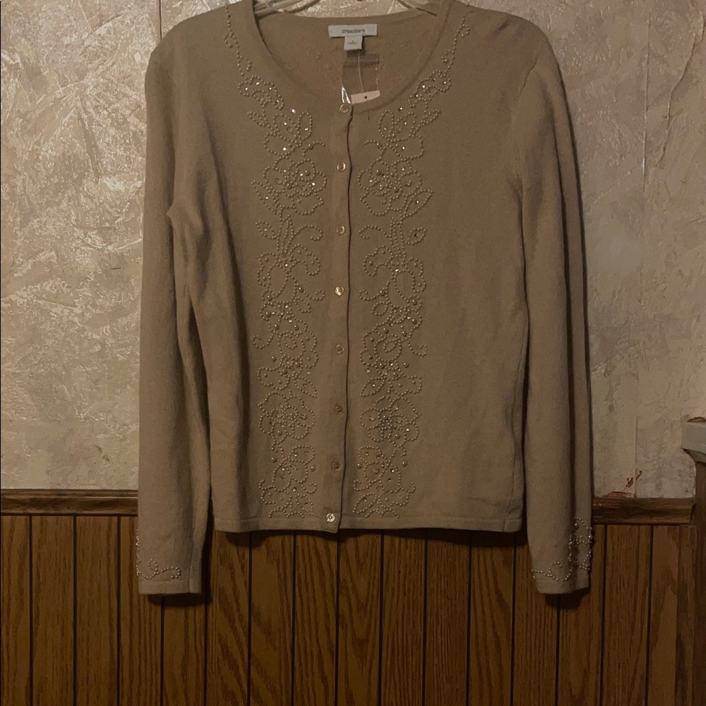 Beautiful beaded tan dress barn cardigan sweater (s)
